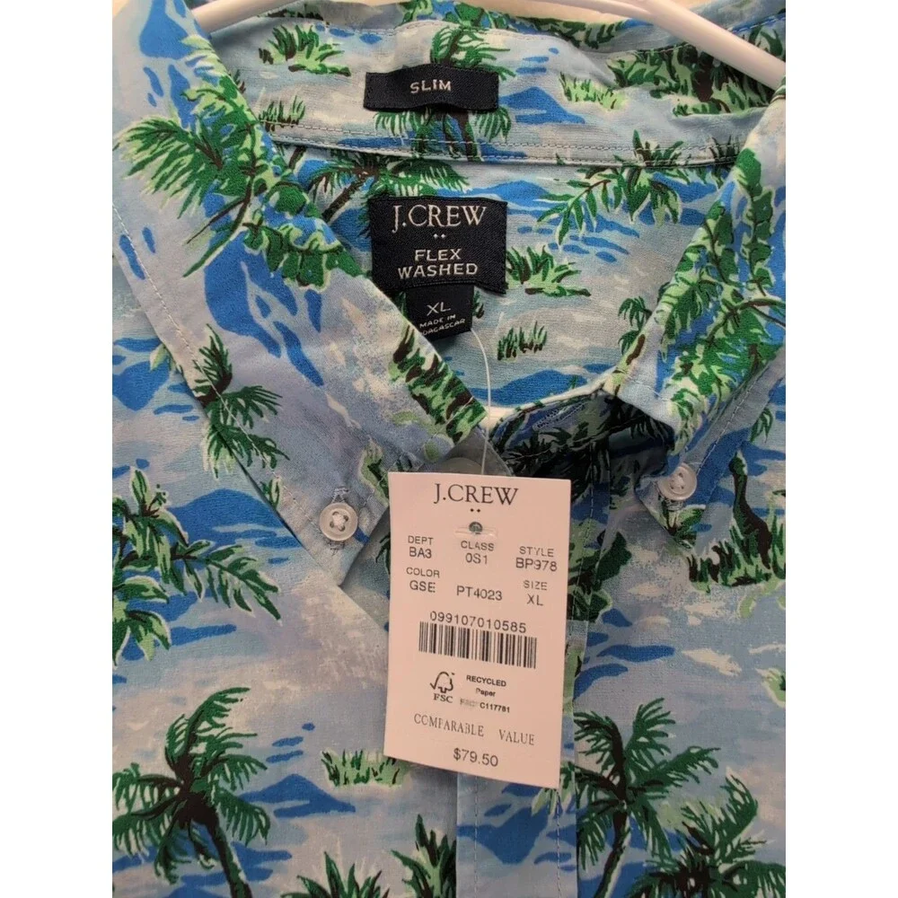 J.Crew Flex Washed Slim Hawaiian Palm Trees Button Down Short Sleeve Shirt XL - Picture 2 of 13
